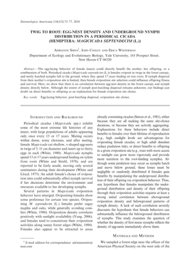 Twig to Root: Egg-Nest Density and Underground Nymph Distribution in a Periodical Cicada (Hemiptera: Magicicada Septendecim (L.))