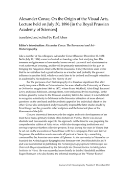 Alexander Conze, on the Origin of the Visual Arts, Lecture Held on July 30, 1896 [In the Royal Prussian Academy of Sciences] Translated and Edited by Karl Johns