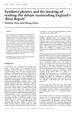 Synthetic Phonics and the Teaching of Reading: the Debate Surrounding England’S ‘Rose Report’ Dominic Wyse and Morag Styles