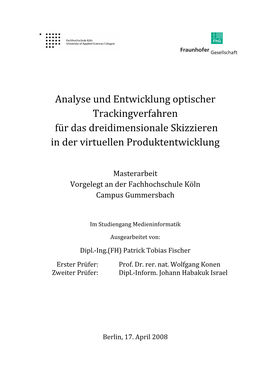 Analyse Und Entwicklung Optischer Trackingverfahren Für Das Dreidimensionale Skizzieren in Der Virtuellen Produktentwicklung