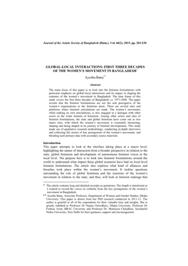 GLOBAL-LOCAL INTERACTIONS: FIRST THREE DECADES of the WOMEN's MOVEMENT in BANGLADESH* Ayesha Banu