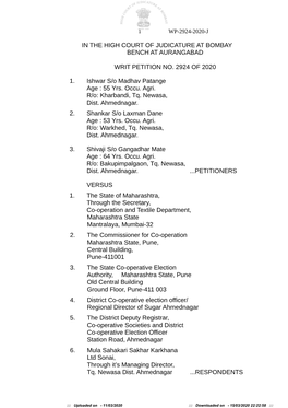 IN the HIGH COURT of JUDICATURE at BOMBAY BENCH at AURANGABAD WRIT PETITION NO. 2924 of 2020 1. Ishwar S/O Madhav Patange Age