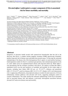Elevated Alpha-1 Antitrypsin Is a Major Component of Glyca-Associated Risk for Future Morbidity and Mortality