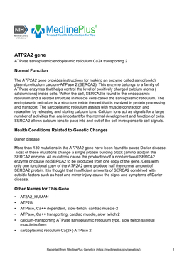 ATP2A2 Gene Atpase Sarcoplasmic/Endoplasmic Reticulum Ca2+ Transporting 2