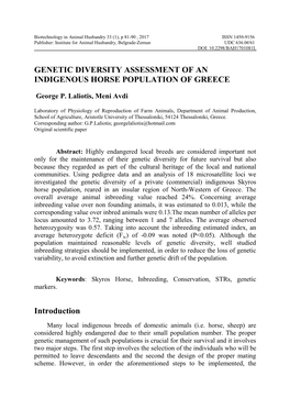 GENETIC DIVERSITY ASSESSMENT of an INDIGENOUS HORSE POPULATION of GREECE Introduction