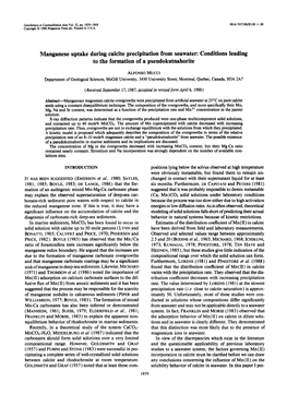 Manganese Uptake During Calcite Precipitation from Seawater: Conditions Leading to the Formation of a Pseudokutnahorite