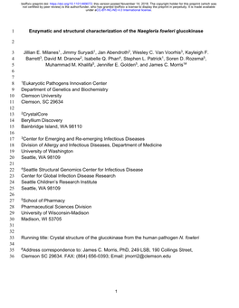 Enzymatic and Structural Characterization of the Naegleria Fowleri Glucokinase 1 2 Jillian E. Milanes1, Jimmy Suryadi1, Jan