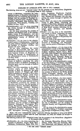 THE LONDON GAZETTE; 19 MAY, 1914. DISEASES of ANIMALS ACTS, 1894 to 1911—Contwued