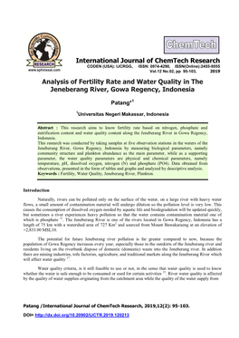 Analysis of Fertility Rate and Water Quality in the Jeneberang River, Gowa Regency, Indonesia