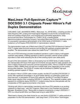 Maxlinear Full-Spectrum Capture™ DOCSIS® 3.1 Chipsets Power Hitron’S Full Duplex Demonstration
