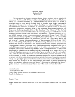 Posthuman Beckett English 9169B Winter 2019 the Course Analyzes the Short Prose That Samuel Beckett Produced Prior to and After