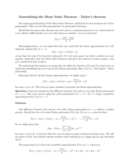 Generalizing the Mean Value Theorem -Taylor's Theorem