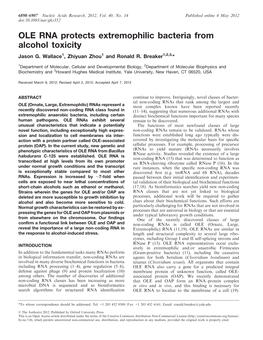 OLE RNA Protects Extremophilic Bacteria from Alcohol Toxicity Jason G