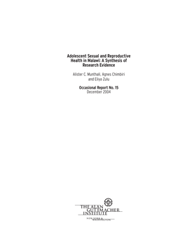 Adolescent Sexual and Reproductive Health in Malawi: a Synthesis of Research Evidence