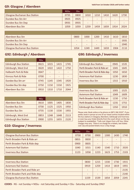 G9: Glasgow / Aberdeen G92: Edinburgh / Aberdeen G10