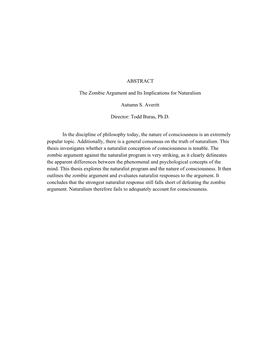 ABSTRACT the Zombie Argument and Its Implications for Naturalism