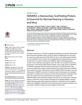 HOMER2, a Stereociliary Scaffolding Protein, Is Essential for Normal Hearing in Humans and Mice