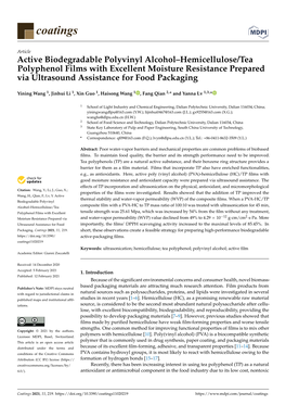 Active Biodegradable Polyvinyl Alcohol–Hemicellulose/Tea Polyphenol Films with Excellent Moisture Resistance Prepared Via Ultrasound Assistance for Food Packaging