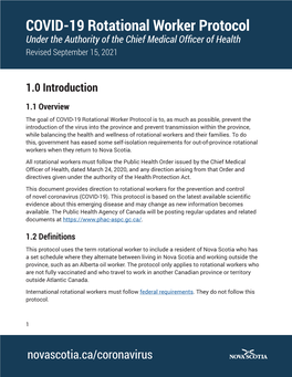 COVID-19 Rotational Worker Protocol Under the Authority of the Chief Medical Officer of Health Revised September 15, 2021