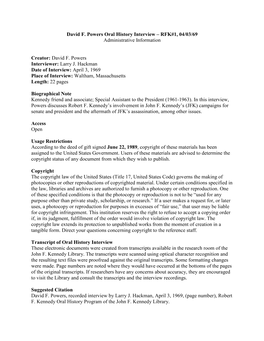 David F. Powers Oral History Interview – RFK#1, 04/03/69 Administrative Information