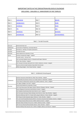 Important Dates in the Zoroastrian Religious Calendar (Including – Saalgreh I.E