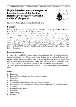 Ergebnisse Der Untersuchungen Zur Insektenfauna Auf Der Berliner Bahnbrache Biesenhorster Sand - Käfer (Coleoptera)