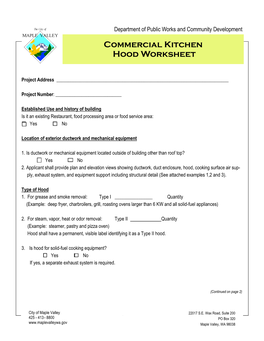 Commercial Kitchen Hood Worksheet