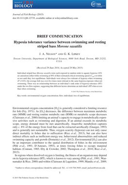 Hypoxia Tolerance Variance Between Swimming and Resting Striped Bass Morone Saxatilis