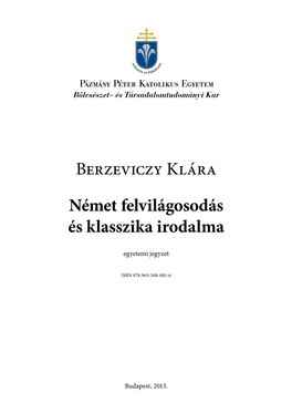 Berzeviczy Klára Német Felvilágosodás És Klasszika Irodalma