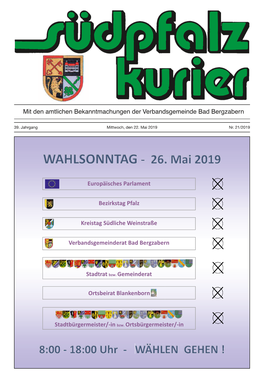 Europäisches Parlament Bezirkstag Pfalz Kreistag Südliche Weinstraße Verbandsgemeinderat Bad Bergzabern Stadtrat Bzw. Gemeind