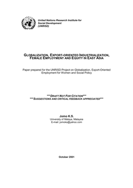 Globalization, Export-Oriented Industrialization, Female Employment and Equity in East Asia