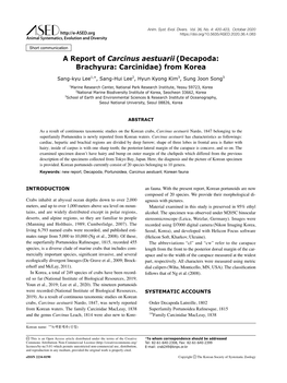 A Report of Carcinus Aestuarii (Decapoda: Brachyura: Carcinidae) from Korea