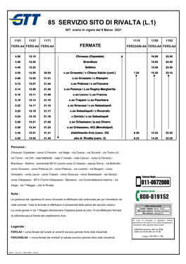 85 SERVIZIO SITO DI RIVALTA (L.1) 007 Orario in Vigore Dal 8 Marzo 2021