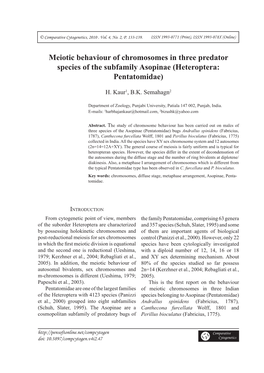 Meiotic Behaviour of Chromosomes in Three Predator Species of the Subfamily Asopinae (Heteroptera: Pentatomidae)