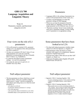 GRS LX 700 Language Acquisition and Linguistic Theory Parameters