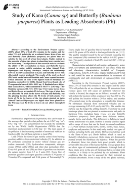 Study of Kana (Canna Sp) and Butterfly (Bauhinia Purpurea) Plants As Leading Absorbents (Pb)