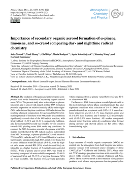 Importance of Secondary Organic Aerosol Formation of Α-Pinene, Limonene, and M-Cresol Comparing Day- and Nighttime Radical Chemistry