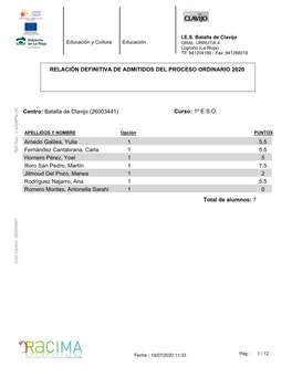 Relación Definitiva De Admitidos Del Proceso Ordinario 2020