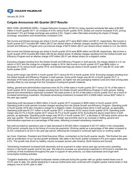 Colgate Announces 4Th Quarter 2017 Results