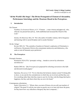 The Divine Protagonist of Clement of Alexandria. Performance Soteriology and the ​Theatrum Mundi