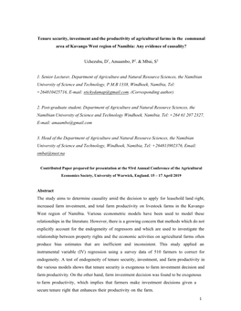 Tenure Security, Investment and the Productivity of Agricultural Farms in the Communal Area of Kavango West Region of Namibia: Any Evidence of Causality?