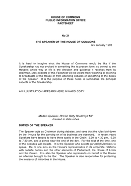 THE SPEAKER of the HOUSE of COMMONS Rev January 1993