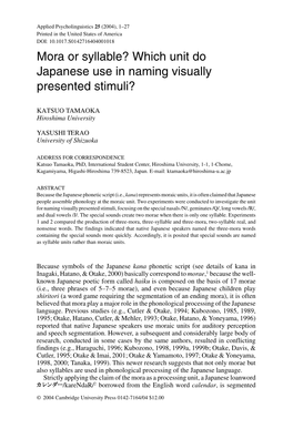 Mora Or Syllable? Which Unit Do Japanese Use in Naming Visually Presented Stimuli?