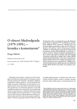 0 Obnovi Medvedgrada Kontinuitet Radova Na Plemičkom Gradu Medved• Gradu Koji Su Započeti 1973