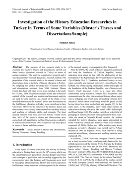 Investigation of the History Education Researches in Turkey in Terms of Some Variables (Master's Theses And