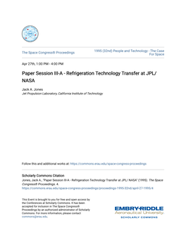 Paper Session III-A - Refrigeration Technology Transfer at JPL/ NASA