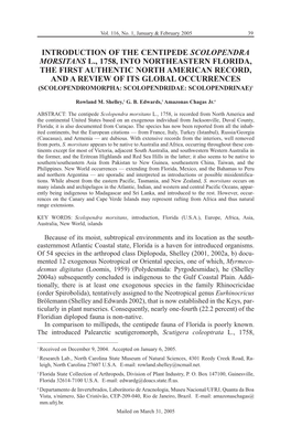 Introduction of the Centipede Scolopendra Morsitans L., 1758, Into Northeastern Florida, the First Authentic North American Reco