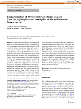 Characterization of Methylobacterium Strains Isolated from the Phyllosphere and Description of Methylobacterium Longum Sp