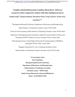 Complete Mitochondrial Genome of Golden Silk Producer Antheraea Assamensis and Its Comparative Analysis with Other Lepidopteran Insects