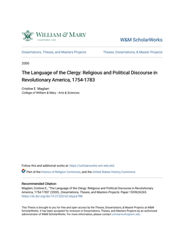 The Language of the Clergy: Religious and Political Discourse in Revolutionary America, 1754-1783